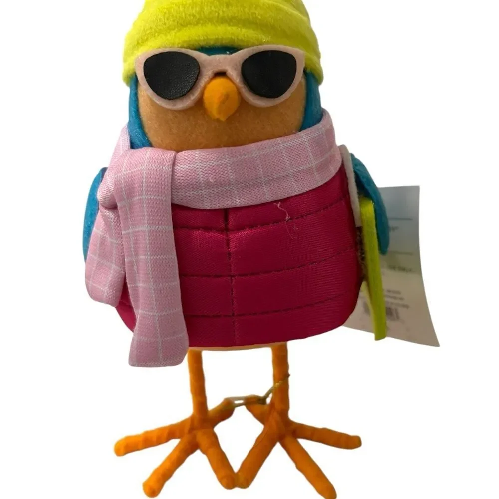 Vibrant Holiday Spritz Bird with Yellow Hat and‎ Pink Scarf